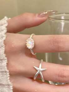 2piezas/Set Anillo Abierto Decorativo de Estrella de Mar de Moda Adecuado para el Uso Diario de Mujeres - Plateado - Ver 5