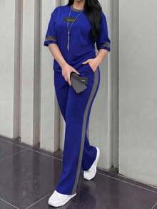 2 piezas Conjunto de camiseta de manga corta de cuello redondo y pantalones sueltos de cintura elástica para mujer, para uso diario casual y elegante en primavera/otoño - Azul cielo 220 - Ver 20