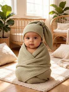 Baby Photography Props, Essential For Baby's Full Month Photos[INS Hot Style]Newborn 4-Color Waffle Wrap + Knot Hat 2 Pieces Set, Simple Versatile Newborn Photography Outfit, Baby Birthday Party, Baby 100 Days Commemorative Photos - Multicolor - View 3