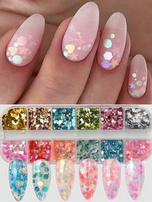 12-Grid Dreamy Iridescent Star & Heart Nail Glitter, Aurora Random Mix Heart, Star, Hexagon Nail Glitter, Laser Holographic Dopamine Nail Art Decor, Wedding Nail Supplies Nail Charms - Multicolor - View 1
