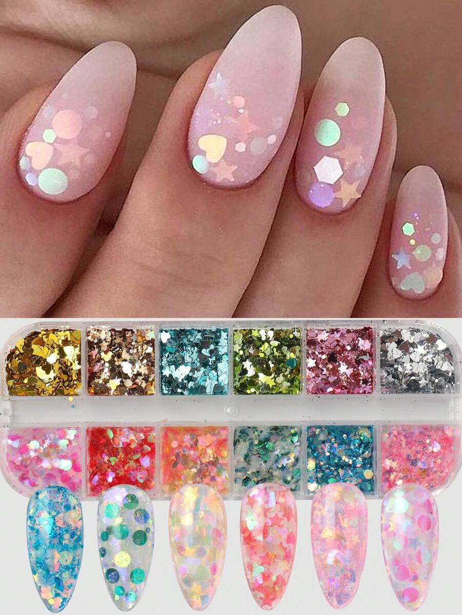 12-Grid Dreamy Iridescent Star & Heart Nail Glitter, Aurora Random Mix Heart, Star, Hexagon Nail Glitter, Laser Holographic Dopamine Nail Art Decor, Wedding Nail Supplies Nail Charms - Multicolor - View 1