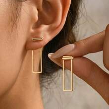 1 par de pendientes rectangulares huecos de estilo minimalista francés, un pendiente versátil para el estilo de viaje en frío, pendientes geométricos largos - Dorado - Ver 7