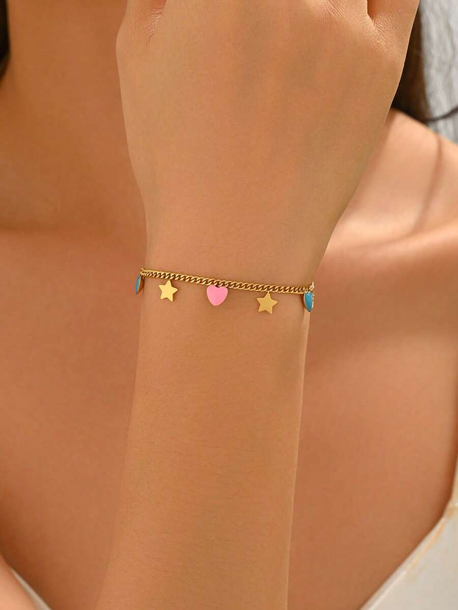1pc Versatile Niche Heart & Star Cuban Bracelet, Stainless Steel, Fashion Minimalist Premium Feel, Adjustable Hypoallergenic Jewelry, Suitable For Daily Casual, Commuting, Beach Vacation, Dating, Perfect Thoughtful Gift For Yourself Or Best Friend, Ideal For Birthday, Christmas, Valentine's Day, Anniversary And Other Special Occasions - Bracelet - View 1