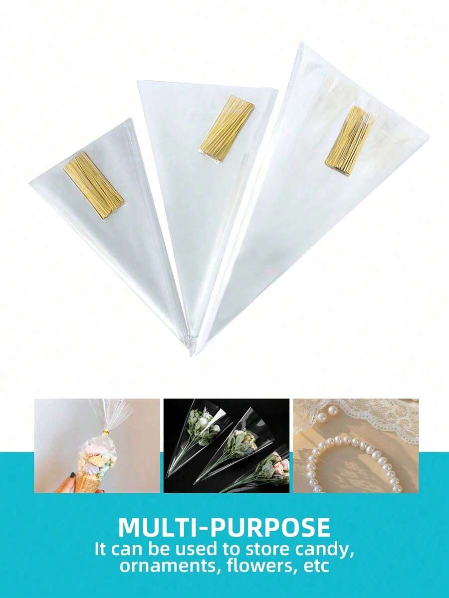 100pcs Conical Snack Bags, Transparent Floral Packaging Bags With Twist Ties - DIY Gift Packaging - 3 Sizes Available - Suitable For Candy, Cookies, Snacks, Chocolate, Marshmallows, Pastries, Popcorn, Etc. - Multicolor - View 1