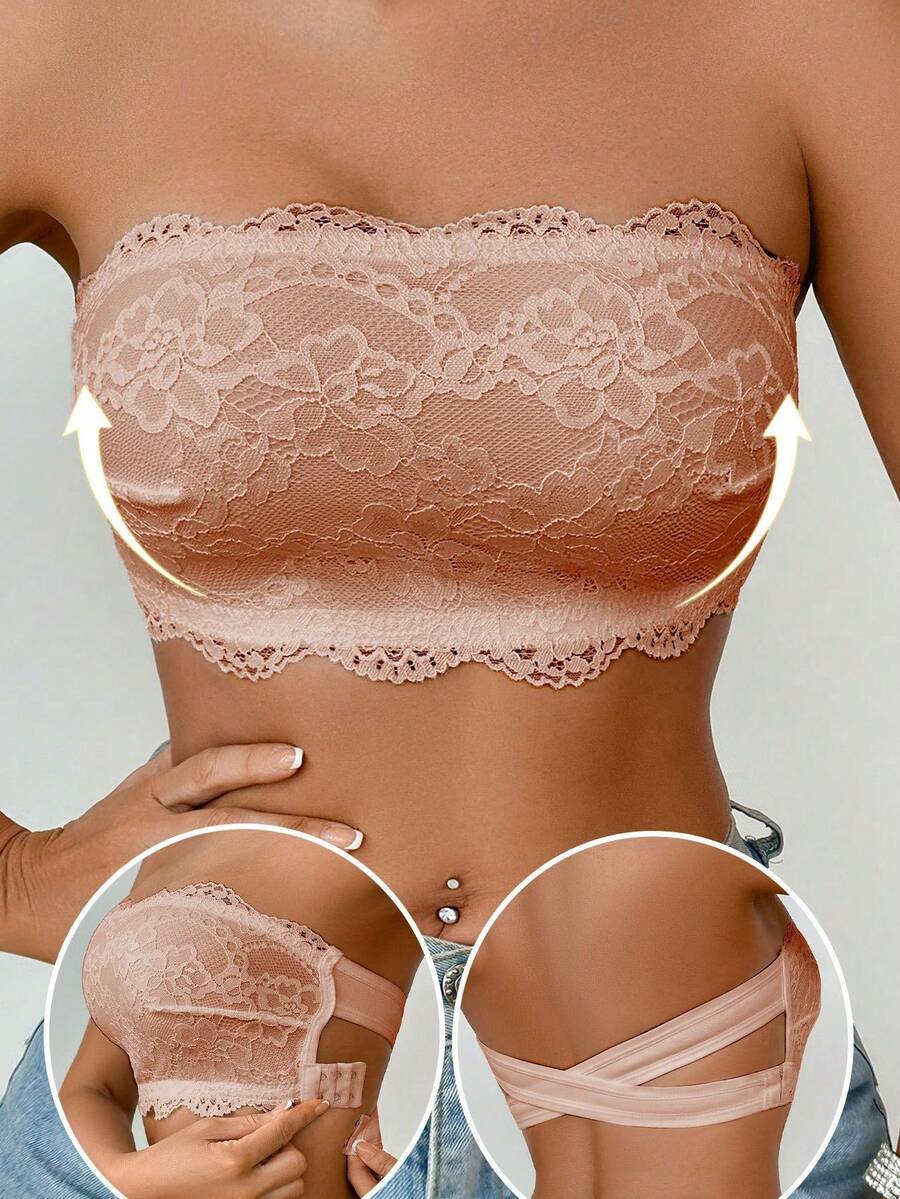 Women's Lace Seamless Comfortable Bandeau Bra With Back Closure - Pink - View 1
