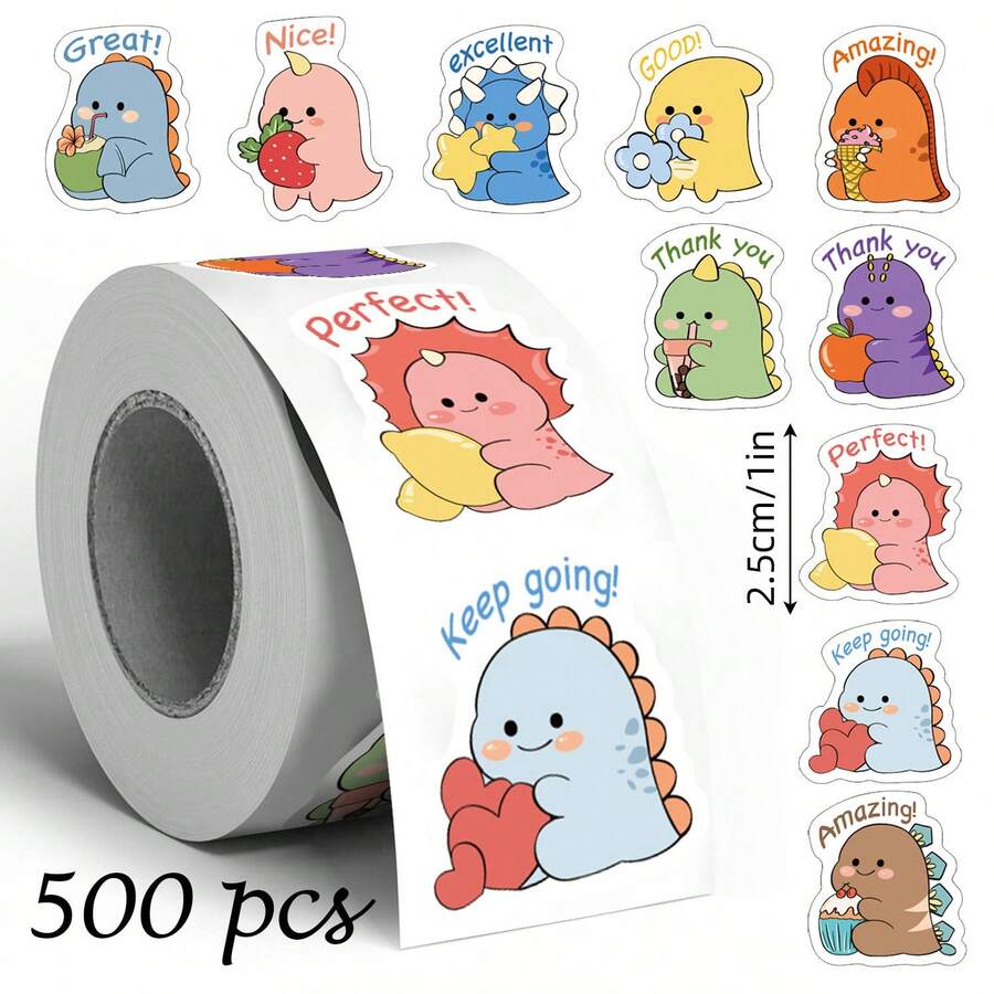 500PCS/Roll Dinosaur Good Stickers Cute Dragon Wow Stickers Illustration Dragon Thank You Stickers 10 Patterns Suitable For Stickers, Office Stickers, School Supplies, Office Labels Back To School Stickers - Cartoon - View 1