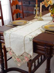 ABEST6522 Home&Living store 100% Polyester Creme Jacquard Tischläufer mit Dreieck-Bogenkante, rosa Rosenstickerei und Cut Out Cutwork-Spitzenrand, Vintage Blumen Deko Tischläufer für Esstisch, Hochzeit, Landhausstil, Teetisch, Heimdekoration - Verschiedenfarbig - Übersicht 16