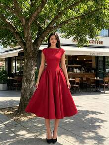 Women's Boat Neck Cap Sleeve Midi Dress, Corset Waist A-Line Flare Dress, Elegant Formal & Bridesmaid Dress - 酒紅色 - 查看 1