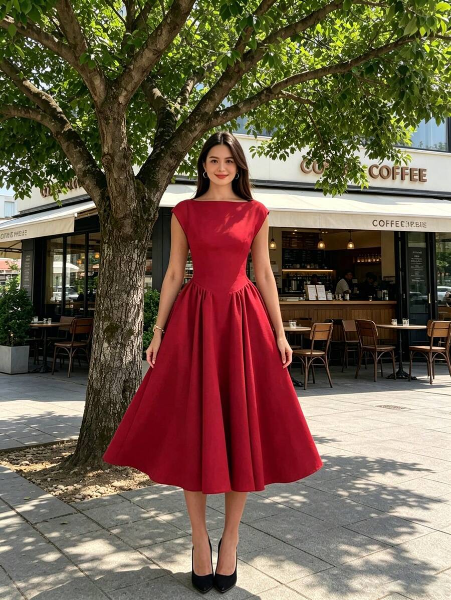 Women's Boat Neck Cap Sleeve Midi Dress, Corset Waist A-Line Flare Dress, Elegant Formal & Bridesmaid Dress - 酒紅色 - 查看 1
