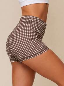 Women's High Waist Plaid Fitness Training Running Shorts, Brown Drawstring Yoga Sports Cycling Shorts - Coffee Brown - View 6