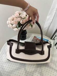 Tas Bahu Kanvas Colorblock Desain Niche Gaya Korea, Tas Tote Kain Ringan Kapasitas Besar untuk Perjalanan Singkat, Bepergian, Perjalanan Harian, Jalan-jalan, Belanja Sehari-hari, Tas Genggam untuk Wanita - Chocolate Brown - View 2