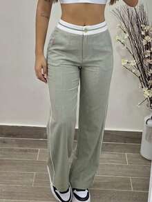 Vaiaye Women's Spring/Summer Colorblock High-Waist Wide-Leg Pants - Casual Linen Blend Long Pants, Suitable For Daily Casual & Office Business - Green - View 3