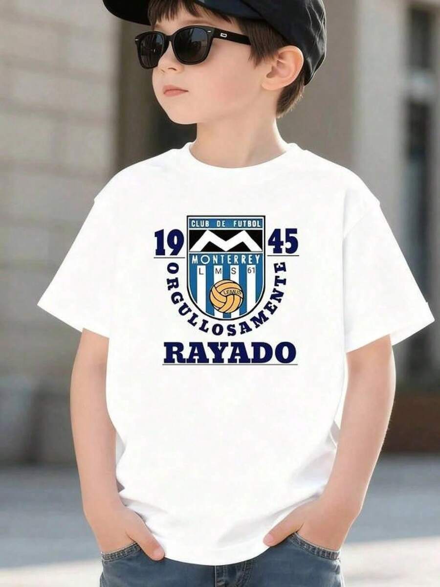 Camiseta Rayada Orgullosamente para Niño Camiseta estampada de fútbol Monterrey, estilo deportivo casual, algodón suave transpirable, para jugar, ir al parque o como regalo perfecto pa - Negro - Ver 1