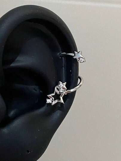 Khuyên tai kẹp môi hình sao năm cánh xoắn ốc đính zirconia siêu nhỏ tông lạnh, trang sức thép titan thời trang cá tính đa năng
