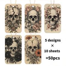 50pcs Halloween Skull Gift Tags With Hemp Rope, Dark Art Floral Skull Gift Labels, Suitable For Horror Theme Birthday Party, Gothic Style Gift Bag Labels, Sugar Skull Gift Packaging Decoration, Punk Rock Gothic Gift Packaging Decoration, Cool Birthday Party Supplies - A - View 2