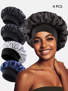 4pcs Women's Solid Color Elastic Wide Brim Satin Sleep Caps, Beauty Care Hair Protection Caps Suitable For Daily Use - TJM-301-black*2 + TJM-301O-navy/Silver - View 1