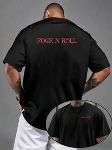 Camiseta de hombre con hombros caídos, estilo rock and roll, camiseta holgada para hombre con diseño de doble cara RO N ROLL, nueva ropa de hombre a la moda. - Negro - Ver 1