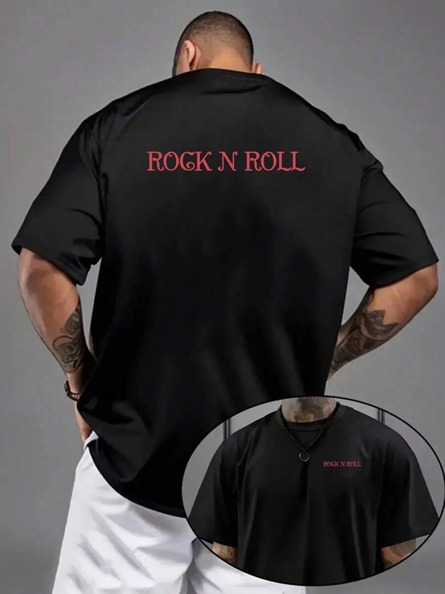 Camiseta de hombre con hombros caídos, estilo rock and roll, camiseta holgada para hombre con diseño de doble cara RO N ROLL, nueva ropa de hombre a la moda. - Negro - Ver 1