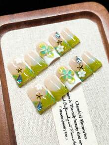 Press-On Fake Nails, Handmade Wearable Nails, Short Duck Shape, Nude With Green And White French Tips, Gradient Tie Dye Design, Hand-Painted Blue Stripes, Handmade 3D Green Floral Carving, Transparent Drag Design, White Pearls, 3D White Flowers And Gold Starfish Decoration, Rhombus Rhinestone Glitter, Fresh And Sweet Style, Exquisite And Elegant, Reusable - Lime Green - View 6