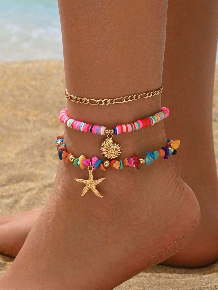 3件組夏季海灘度假風彩色石珠海星與貝殼吊墜腳鍊套組,女款足部飾品,適合日常穿著、夏季度假、海灘派對、音樂節,隨機尺寸,碎石與米珠數量及顏色配置 - 彩色 - 查看 1