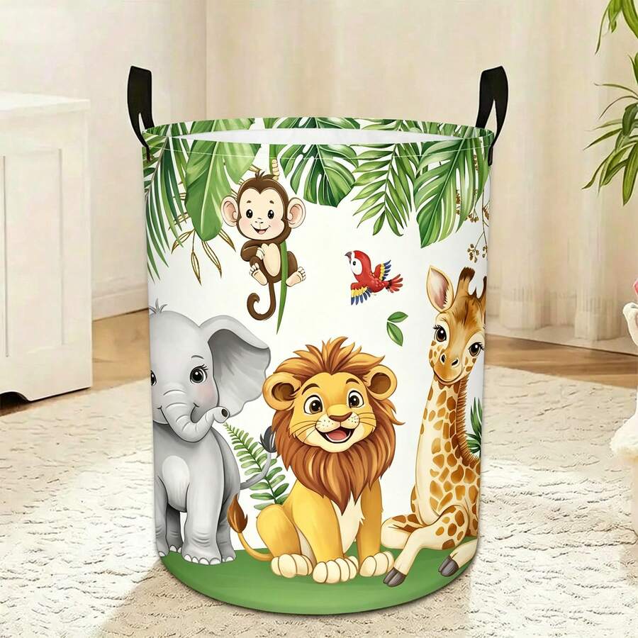 1個可愛叢林探險動物印花收納籃，可折疊布製洗衣籃配黑色把手，兒童玩具與衣物整理盒，適合室內與臥室裝飾 - 綠色 - 查看 1