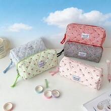 Style Cherry & Plaid Quilted Pencil Case, Soft Cotton Filled Stationery Bag, Student Portable Makeup Bag, Back To School Essential, Desktop Storage & Travel Makeup Bag - W - View 4
