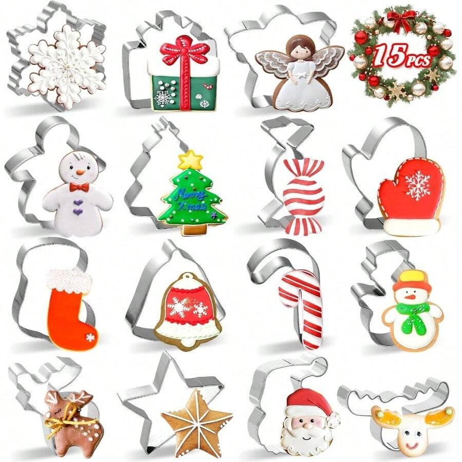 Cortadores de galletas de Navidad, juego de 15 cortadores de galletas de invierno, de acero inoxidable, para hornear con copos de nieve, guante de invierno, mueco de nieve, estrella para fiestas de - Cortadores de galletas de Navidad - Ver 1