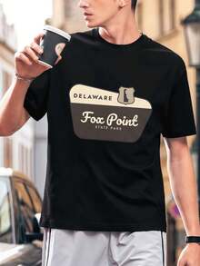 Maglietta grafica Delaware Fox Point da uomo, 100% cotone, girocollo, vestibilità ampia, comoda, stile street hip-hop - nero - Visualizzare 1