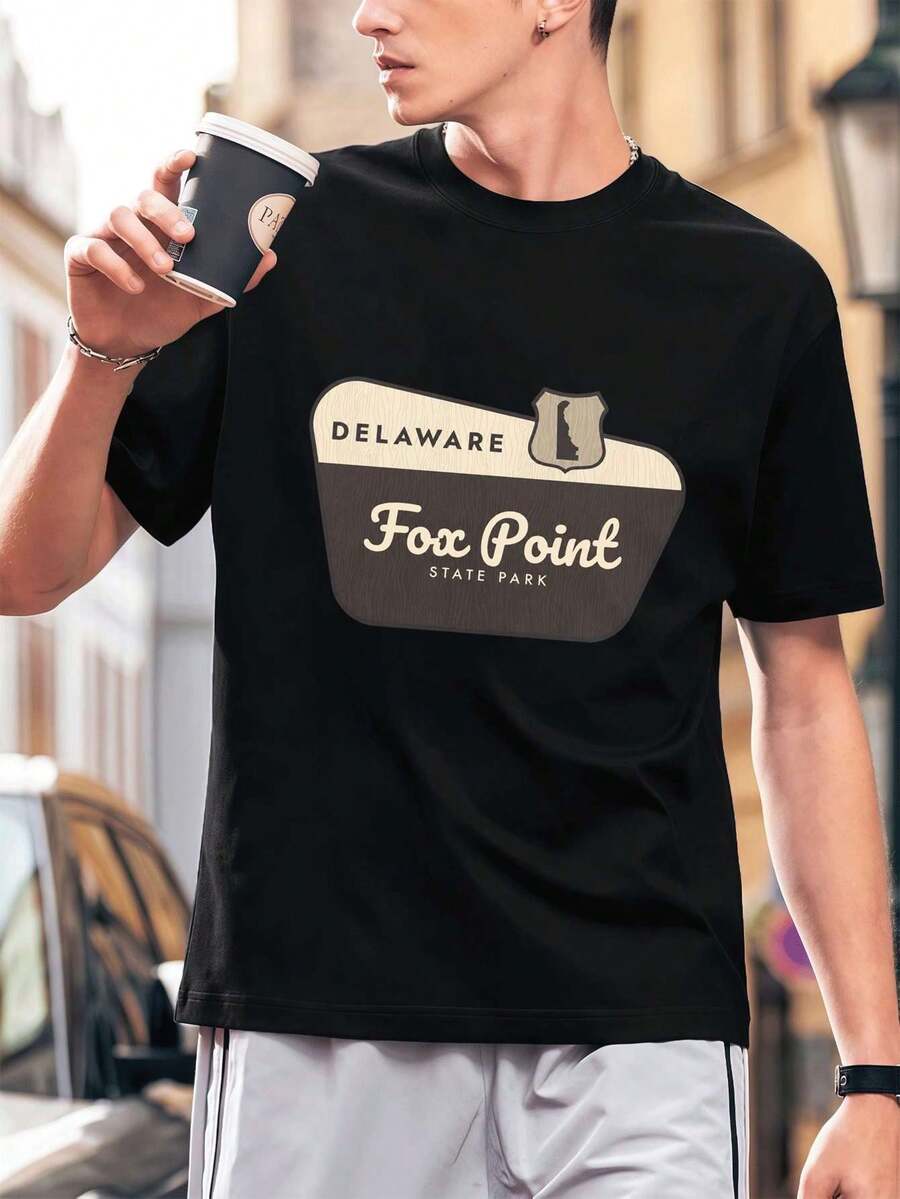 Maglietta grafica Delaware Fox Point da uomo, 100% cotone, girocollo, vestibilità ampia, comoda, stile street hip-hop - nero - Visualizzare 1