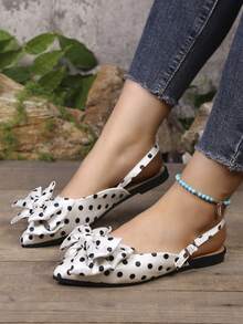 Women's Black Polka Dot Satin Open-Back Sandals With Bow Decoration, Elegant Pointed Toe Stiletto Heels Summer Evening Shoes - White - View 2