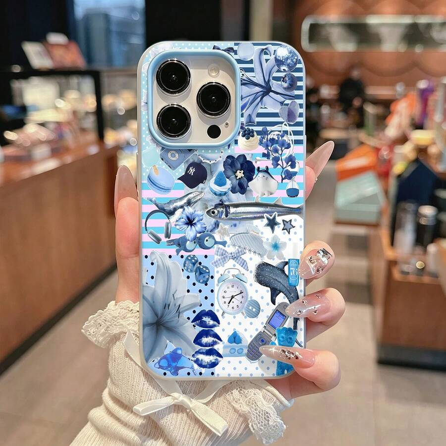 Tema oceánico de Blue Stitchfunda de teléfono Fundas compatibles con ,Apple,VIVO,OPPO,,, y Honor.Fabricadas en silicona TPU,ofrecen protección contra golpes y caídas. - Azul - Ver 1