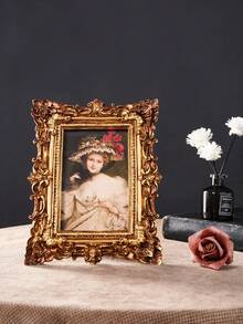 1PC, Rococo Style 3D Pattern Decorative Photo Frame, Resin Material Oak Leaf Pattern Border Decorative Photo Frame, Desktop Ornament Photo Frame, Home Decor Photo Frame, European Style Desktop Decoration, Suitable For Bedside Table Photo Frame, Dressing Table Photo Frame, Wedding Photo Frame And Desktop Decoration - Gold - View 2