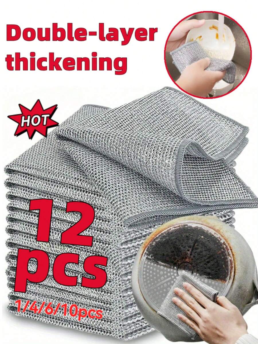 12/6/4/1pcs Thickened Double-Sided Metal Steel Wire Magic Cleaning Cloth, Kitchen Dishcloth, Magic Metal Wire Cleaning Cloth, Steel Wire Cleaning Cloth, Pot And Bowl Cleaning Cloth, Towel Cleaning Tool, Household Metal Mesh Scrubbing Pad, Lint-Free Streak-Free Reusable Dishcloth