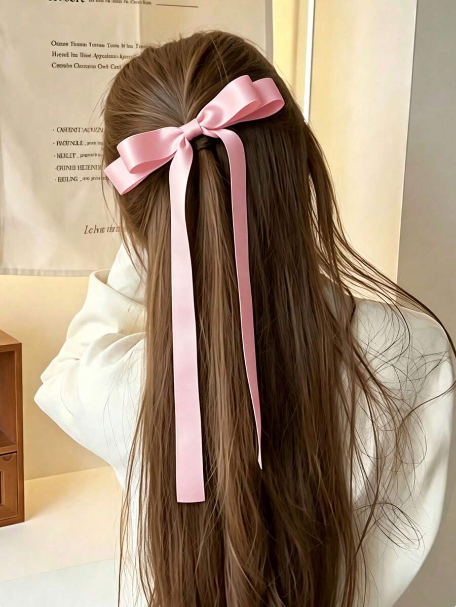 1件裝粉色緞面蝴蝶結髮夾，女款長緞帶蝴蝶結髮夾，適合日常配戴、婚禮派對，復古髮飾