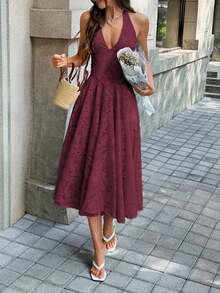 Robe midi d'été Unadoll en jacquard floral, dos nu licou à col V profond avec nœud, fluide, élégante, pour invitée de mariage et soirée - Rouge foncé - Voir 7