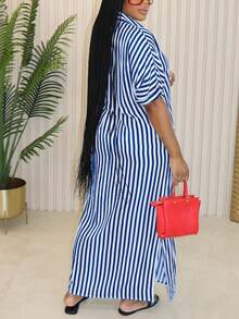 Plus Size Women's Striped Single-Breasted Casual Daily Shirt Dress Elegant Summer - Royal Blue - View 5