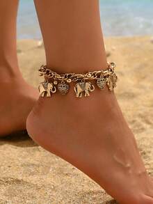 1pc Fashion High-End Multi- Bohemian Vintage Carved Heart Elephant Anklet Bracelet, Summer Beach Anklet Jewelry, Suitable For Various Occasions, Best Gift Choice - Yellow Gold - View 2