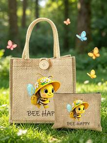 女款多功能托特包，印有可愛蜜蜂與「BEE HAPPY」圖案，度假風字母設計購物袋，適合婚禮、生日、海灘及各種節日場合，亞麻托特包，教師節禮物袋，便攜輕量可折疊收納袋，簡約百搭，護理師、醫生、教師感謝收納袋，母親節禮物，個人旅行化妝收納袋，購物袋，教師節與開學季最佳禮物選擇 - 彩色 - 查看 3