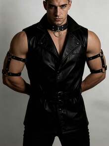 1/2/3pcs Adjustable PU Leather Fashion Men's Armbands And Chokers, Gothic Style Armbands And Chokers, Body Decoration Accessories - Black - View 7