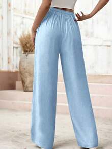 Women's Linen Palazzo Pants, Adjustable Waist With Drawstring, Side Pockets, Casual And Breathable For Vacations - 淺藍色 - 查看 4