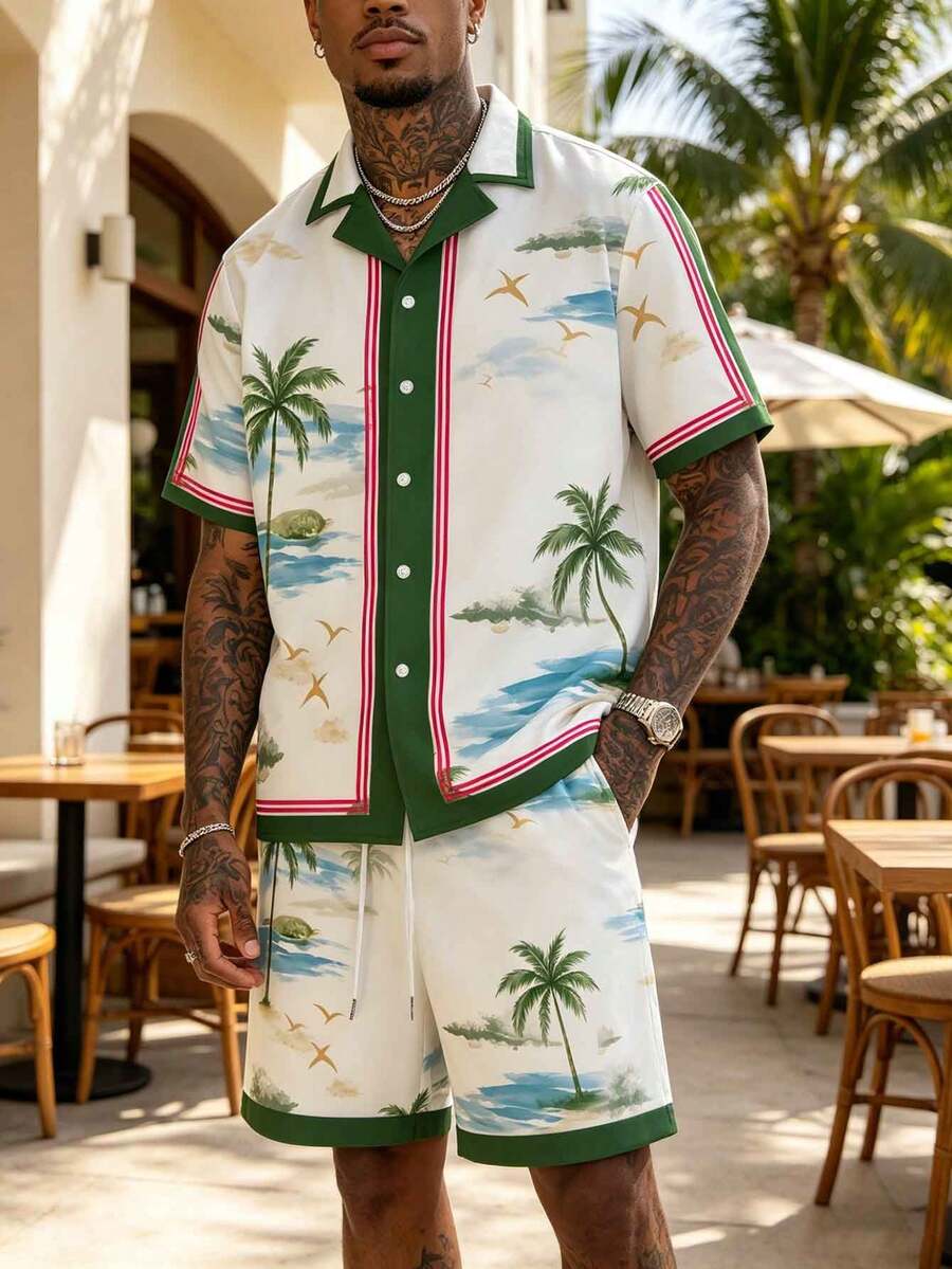Men's 2 Pieces Tropical Island Print Set Beach Shirt And Matching Shorts - Multicolor - View 1