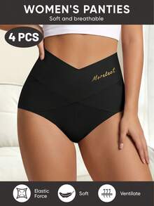 MIOTAN 4 buah celana dalam wanita pinggang sedang hingga tinggi, desain tali silang, warna polos, pengontrol perut, elastis, membentuk tubuh, pas ketat, lembut, dan bernapas. - MultiWarna - View 5