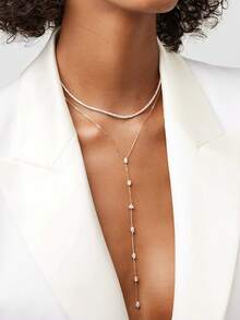 outingfit 1pc New Double Layer Fashion Stacked Zirconia Necklace, Niche Light Luxury High-End Commuter Accessory For Women - Silver - View 1