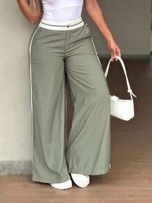 Vaiaye Women's Spring/Summer Colorblock High-Waist Wide-Leg Pants - Casual Linen Blend Long Pants, Suitable For Daily Casual & Office Business - Green - View 8