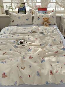 1pc Cute Pony Pattern Scalloped Edge Summer Quilt, Lightweight Soft Breathable Summer Thin Blanket, Suitable For Home Bedroom, Air-Conditioned Room, Dormitory, Hotel, Machine Washable And Easy To Care - Baby Blue - View 9