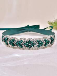 1 pieza Cinturón de Damas de Honor Verde con Pedrería Elegante Vestido de Noche para Despedida de Soltera Fiesta de Cóctel, Fajín de Cintura para Mujer - Verde Oscuro - Ver 5