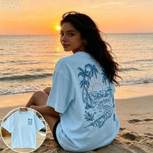Casual Plus Size Round Neck Short Sleeve Tee With Beach Palm Tree Print - Baby Blue - View 16