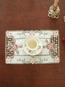 1 Stück Jacquard-Stoff mit Vintage-Rosenstickerei und Cut Out Spitze, Tischläufer, Platzset, kann auf dem Esstisch, Kaffeetisch, als Schrankabdeckung verwendet werden, geeignet für Party, Heimfest, Hochzeit, Feiertagsdekoration und Heimtextilien - Verschiedenfarbig - Übersicht 12