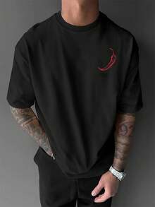 Men's Summer T-Shirt With A Modern And Fashionable Design, One Size Fits Most, Featuring Dropped Shoulders And A Chili Pepper Print. Comfortable, Casual, Short-Sleeved Men's Clothing, Versatile Style For Everyday Wear. - 白色 - 查看 6