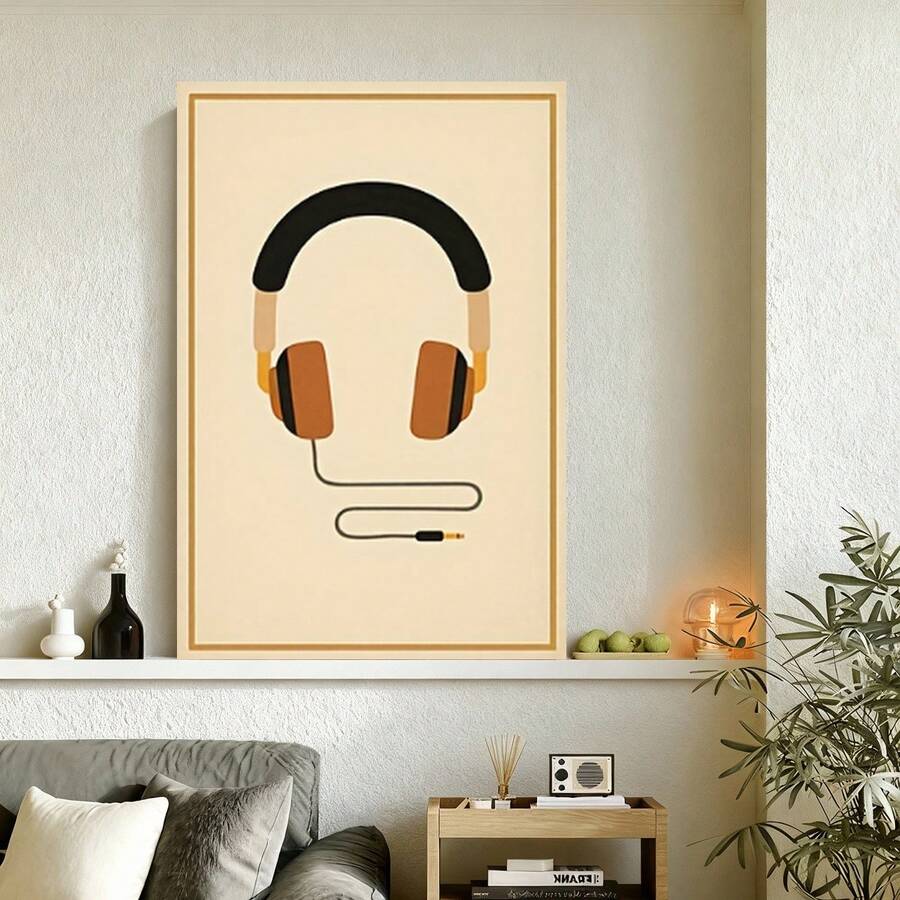 Framed Flat Set of 1 Vintage Music Artwork Canvas Prints with Wooden Frames - Featuring Vinyl Records, Headphones, And Cassette Players - And Easy to Hang Wall Decoration for Bedrooms, Offices, Living Rooms, Cafes, Bars - Enmarcado - Ver 1